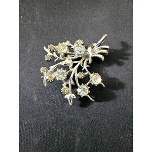 Vintage Floral Rhinestone Bouquet Design Silver Tone Jewelry Brooch